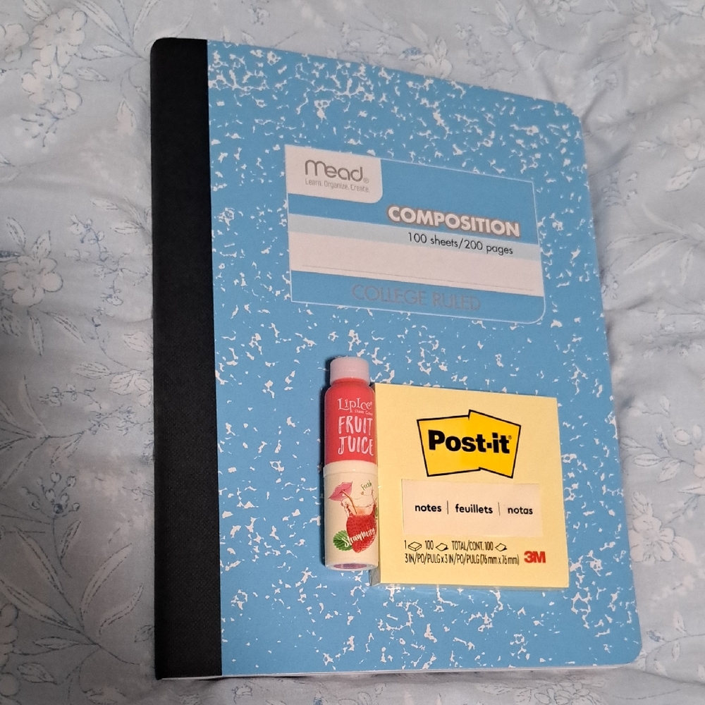NEW For Student - Blue Composition Notebook with Post-it Notes and Lip Balm